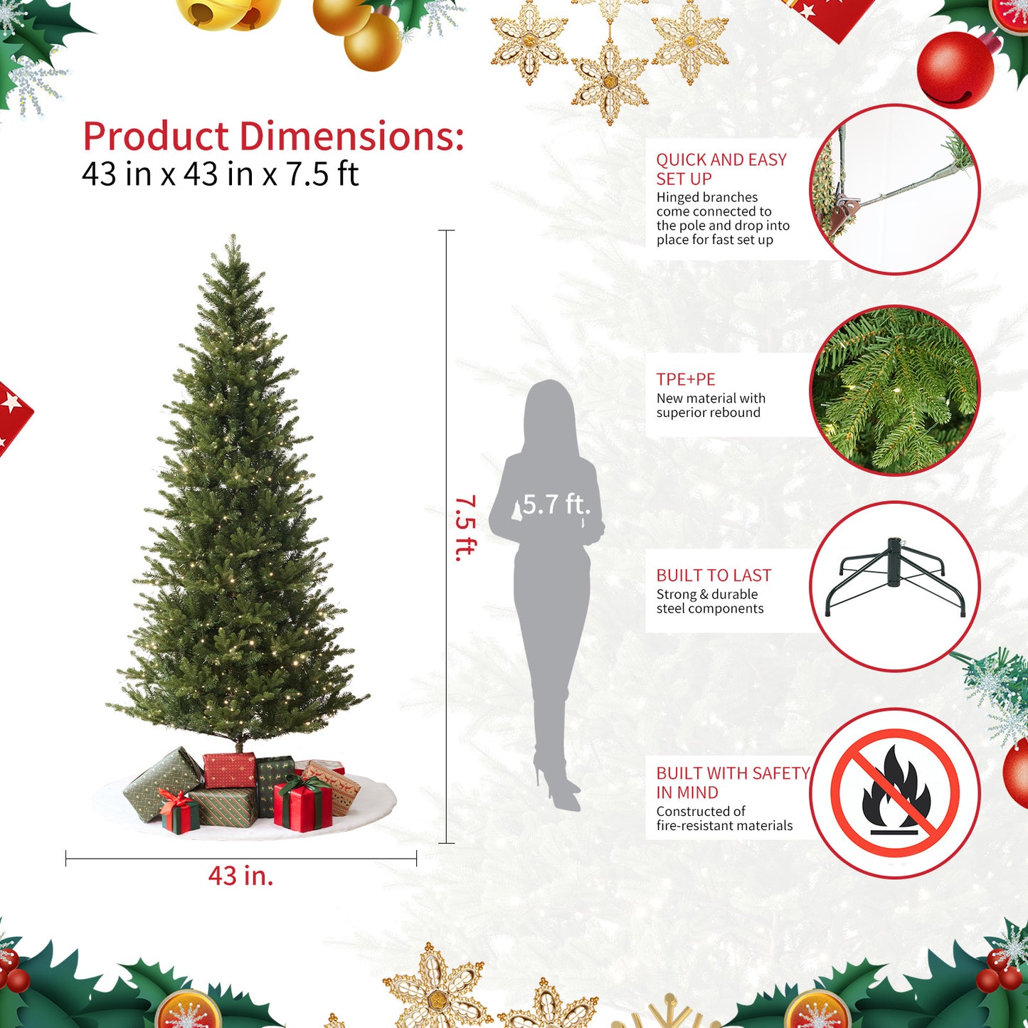 US Local Aspen Slim Fir 7.5ft Christmas Tree Pre-Lit Artificial With 4,570 Branch Tips & 1,555 Low-Voltage Warm LED Lights, Foldable Stand & Realistic Flame-Resistant Branches