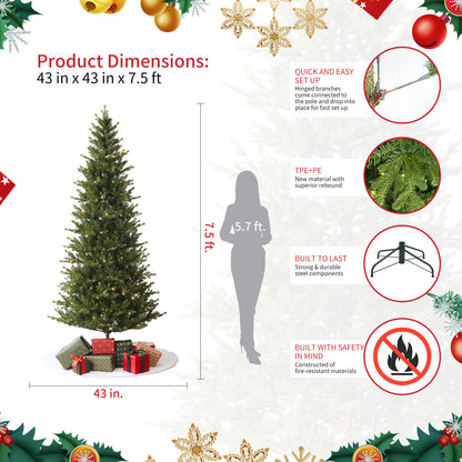US Local Aspen Slim Fir 7.5ft Christmas Tree Pre-Lit Artificial With 4,570 Branch Tips & 1,555 Low-Voltage Warm LED Lights, Foldable Stand & Realistic Flame-Resistant Branches