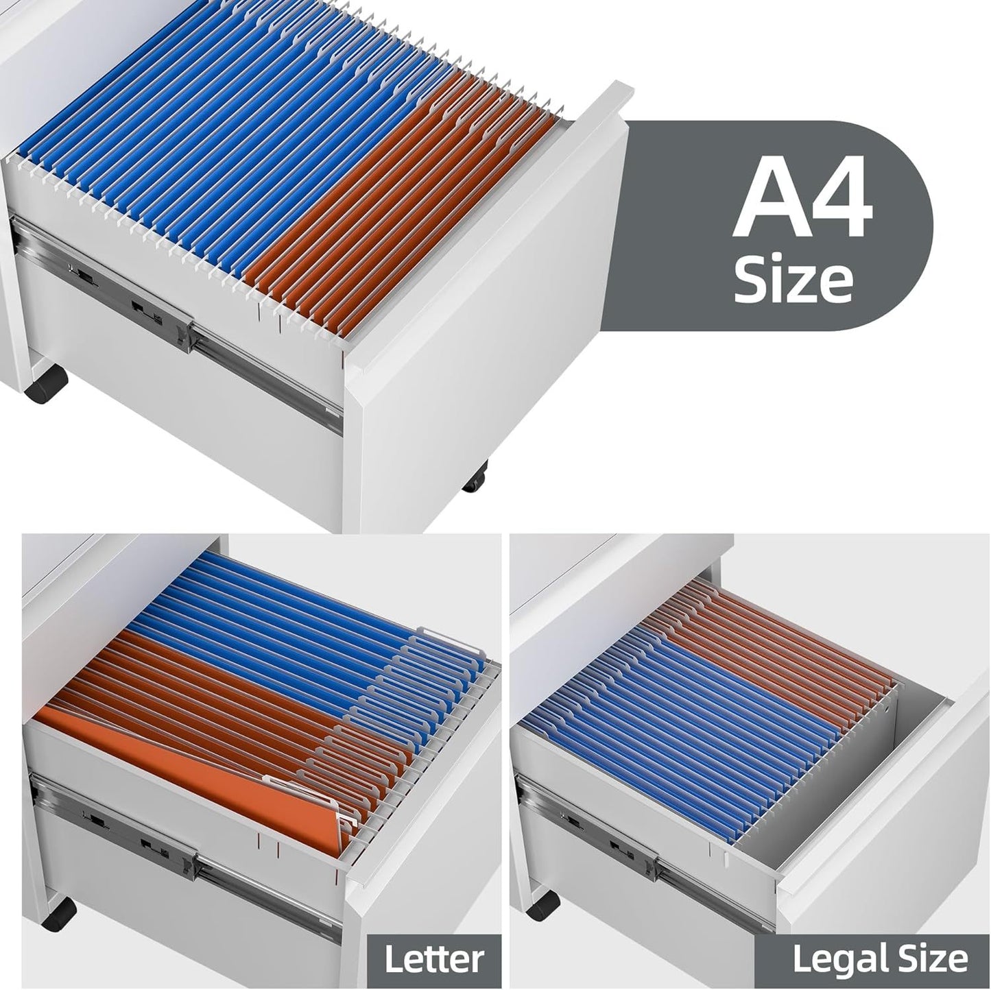 US Local 3 Drawer Mobile File Cabinet With Lock, Under Desk Metal Filing Cabinet For Office,Home,A4 Legal Letter Size, Fully Assembled White