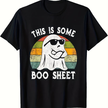 This Is A Men's Casual Round Neck Plus Size T-shirt With The Words BOO SHEET Printed On It, Making It The Perfect Choice For Halloween Gifts