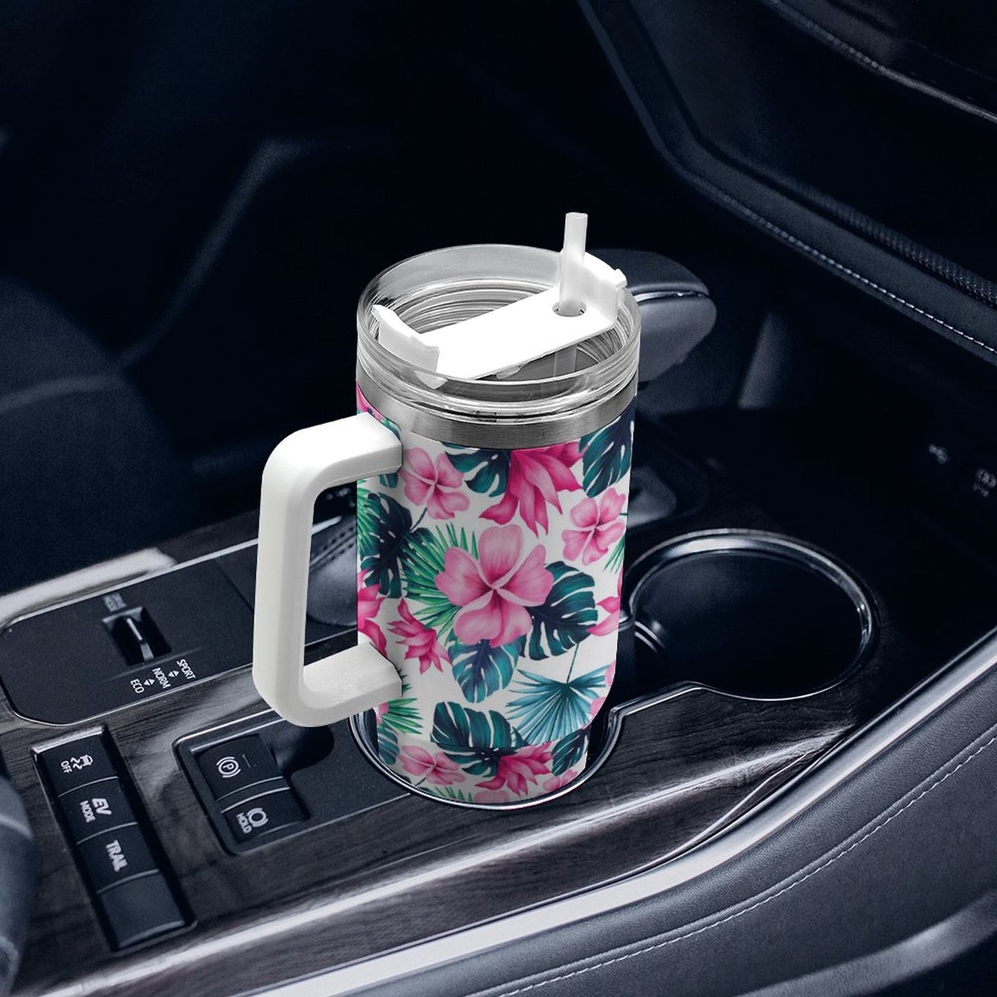 PHDT00458 POD US Local Tumbler 40 oz Large Capacity Car Cup Summer, Aqua Red, Flowers, Green Leaves