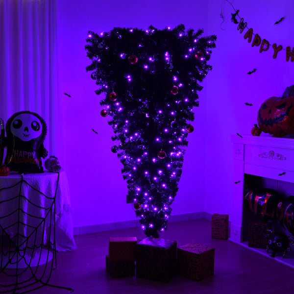 US Local 6 FT Pre-lit Upside Down Artificial Christmas Tree, Black Halloween Tree with 250 Purple Lights and Pumpkin & Skull Ornaments
