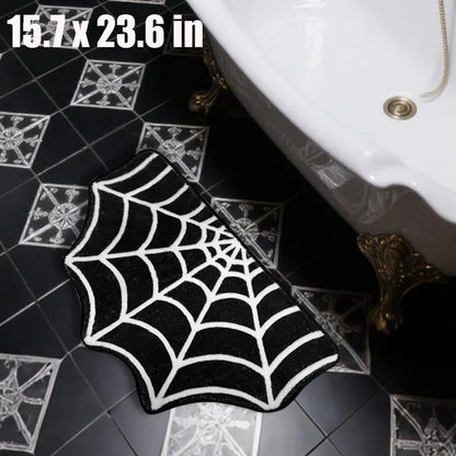 US Local 15.7 X 23.6 Inch Halloween Decor Spider Web Bath Mat For Bathroom, Gothic Cute Halloween Decoration Black White Half Circle Bath Mat Non Slip Cashmere Bath Rug Bathroom Mat Plush Shower Rugs