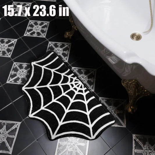 US Local 15.7 X 23.6 Inch Halloween Decor Spider Web Bath Mat For Bathroom, Gothic Cute Halloween Decoration Black White Half Circle Bath Mat Non Slip Cashmere Bath Rug Bathroom Mat Plush Shower Rugs