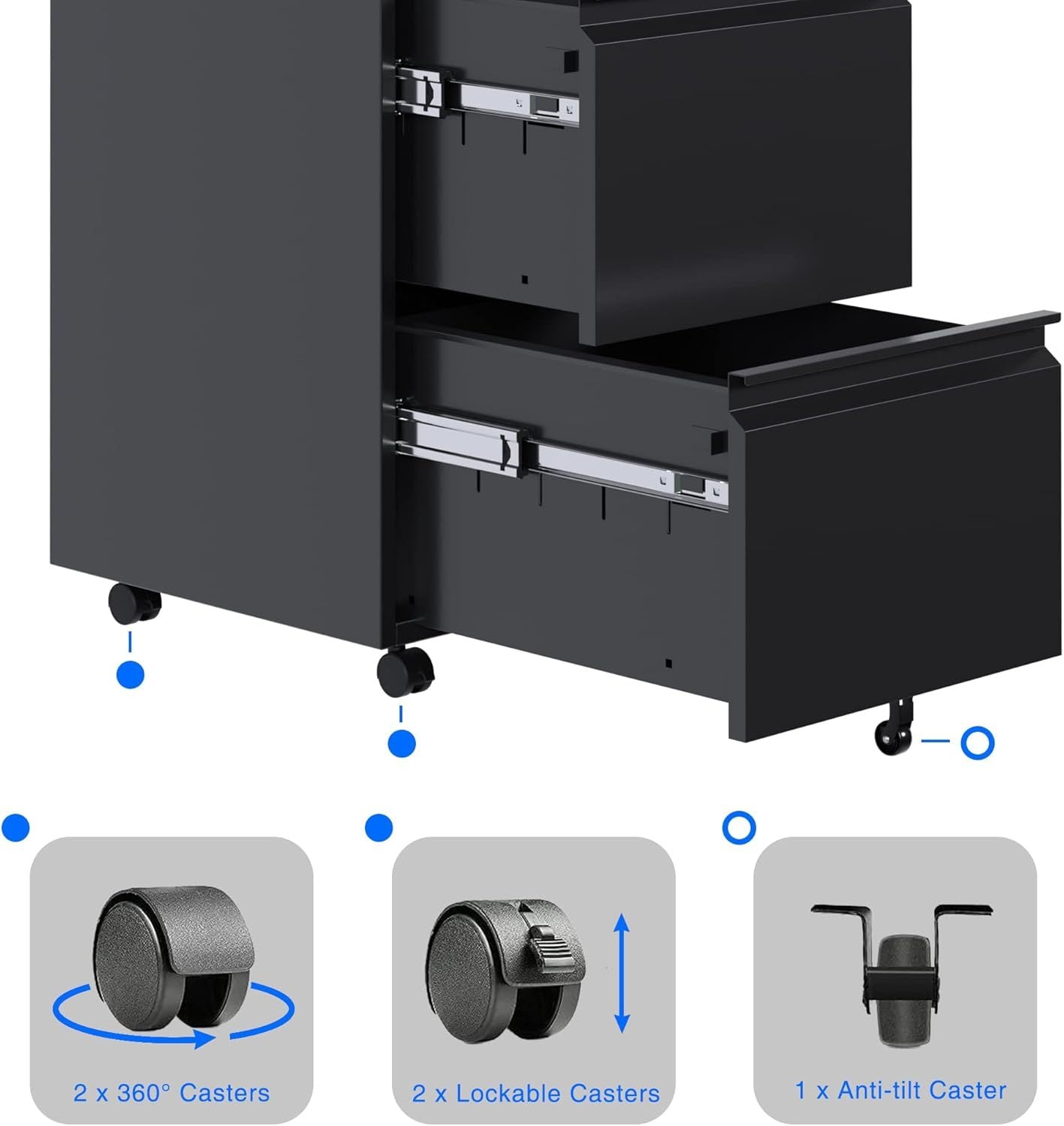 US Local 2 Drawer Vertical File Cabinet With Lock, Mobile Metal Filing Cabinet For Legal Letter Size, Office Storage File Cabinet Under Desk, Fully Assembled Except Wheels, Black