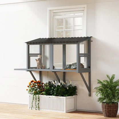US Local Wooden Cat Catio, Outdoor Cat Enclosure Window Perch With Jumping Platform
