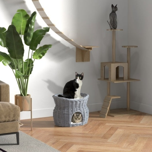 UK Local PawHut 2-Tier Wicker Cat House Elevated Pet Bed Basket Willow Kitten Tower Pet Den. With Washable Cushions 56x37x40cm Grey