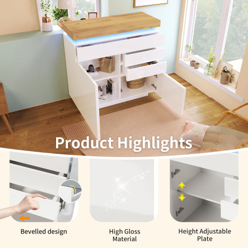 UK Local Chest Of Drawers,High-gloss Sideboard Cabinet With 2 Doors And 3 Drawers,Storage With RGB LED App-controlled,Multi-purpose Cabinet For Living Room And Bedroom, 115 X 110 X 39 Cm, White