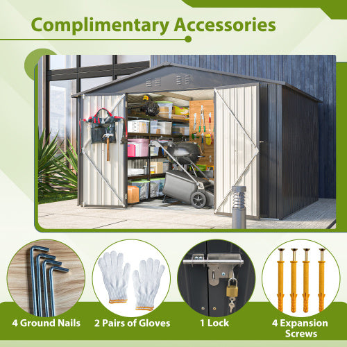 10X8 FT Outdoor Storage Shed, All Weather Metal Sheds With Lockable Doors, Tool Shed For Garden, Patio, Backyard, Lawn, Black