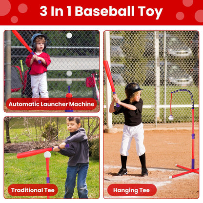 US Local 1Set 3 In 1 Baseball Toy Set For 3 To 5Years Old Kids And Toddlers Includes Tee Ball Stand Hanging Tee Automatic Ball Launcher With Adjustable Height For Indoor Outdoor Play Perfect Gift