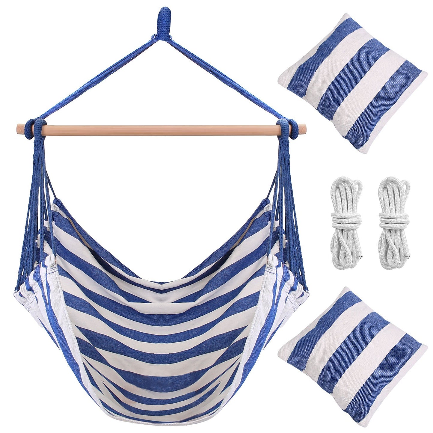 US Local 1Pc Hammock Hanging Chair Canvas Porch Patio Swing Seat Portable Camping Rope Seat Wooden Stick Hammock Chair With 2 Pillows 265LBS Load-bearing