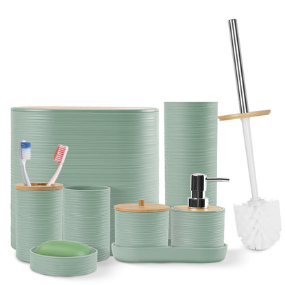 US Local 5 Colors Options -- Set Of 8Pcs Bathroom Accessories Set Bathroom Holder Set With Soap Dispenser Toothbrush Holder Cup Soap Dish Toilet Cleaning Brush Trash Can Qtip Holder Vanity Tray For Home