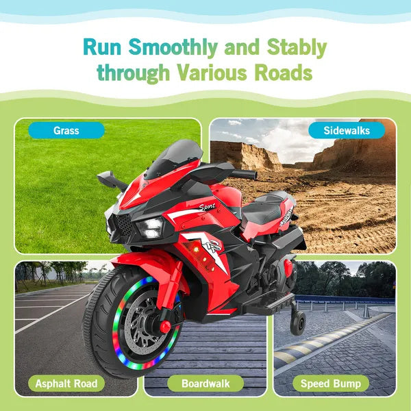 US Local Kids Powered Ride-ons Toy, Kids Motorcycle For 3-6Years, 12V Electric Ride On Motorcycle With Light Wheel & Bluetooth Music-Red