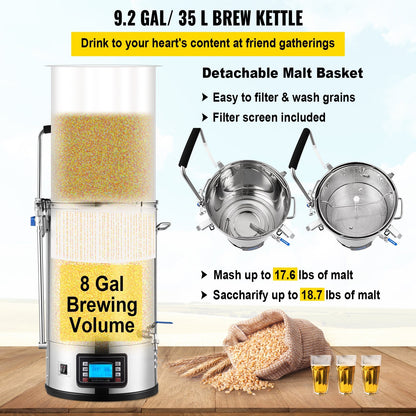 US Local Electric Brewing System, 9.2 Gal/35 L Brewing Pot, All-in-One Home Beer Brewer W/Pump, Mash Boil Device W/Panel, Auto/Manual Mode 100-1800W Power 25-100?? Temp 1-180 Min Timer Recipe Memory