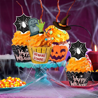 US Local 48 Pcs Halloween Cupcake Decoration Set Zombie Hand Witch Hat Spider Web Tombstones Design Cupcake Picks 3 Styles Happy Halloween Cupcake Wrappers