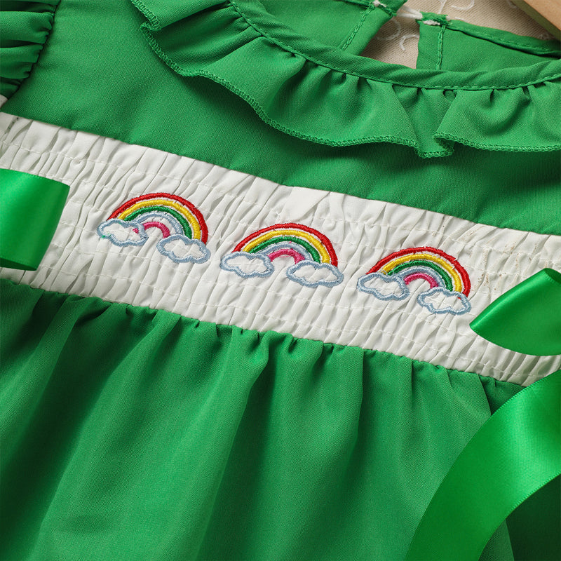 US Local Toddler Girl's Ruffle Sleeve Dress Rainbow Embroidery & Bow Detail With Back Button Closure