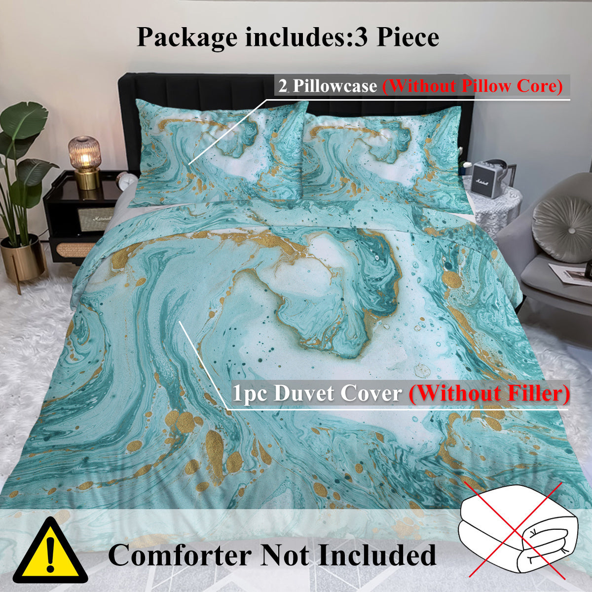 US & UK Local Chic Girly Marble Duvet Cover Mint Gold Glitter Turquoise Bedding Comforter Set Abstract Aqua Teel Blue Duvet Cover