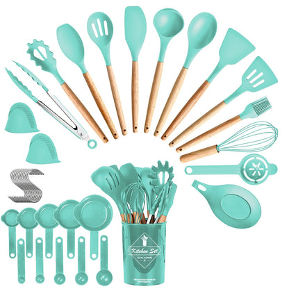 US Local 4 Colors Options -- Set Of 35Pcs Kitchen Cooking Utensils Set Spatula Set Baking Utensil Set Kitchen Accessories Necessities With Holder Egg Whisk Separator Tong Turner Spoons Cups