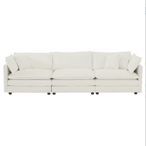 US Local Mid-Century Modern Couch 3-Seater Sofa With 2 Armrest Pillows And 3 Toss Pillows, Couch For Living Room White Chenille