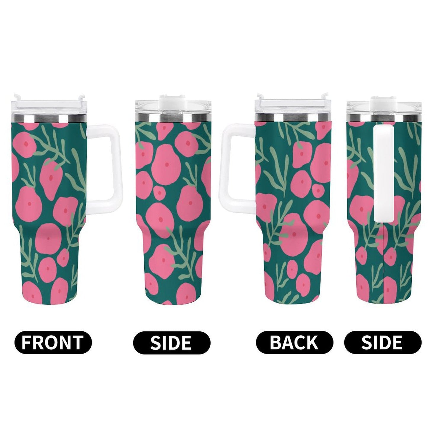 PHDT00424 POD US Local Tumbler 40 oz Large Capacity Car Cup Pink Green, Flowers, Leaves