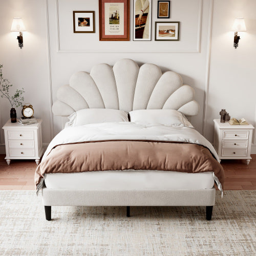 UK Local 4ft6 Double Upholstered Velvet Bed Frame, With Adjustable Chic Petal Headboard, Velvet Platform Bed Frame With Solid Wood Slat, No Box Spring Needed, Easy Assembly, Beige
