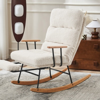 UK Local Rocking Chair, Boucle Fabric Tufted Rocking Chair, Armchair With Metal Legs And Wood Base, High Back Rocking Tub Chair With Comfortable Footrest And Adjustable Recliner For Living Room, Bedroom, White