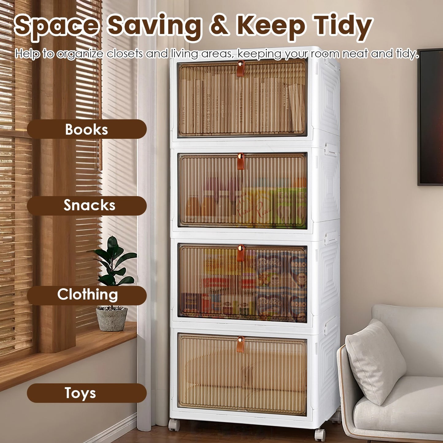 US Local 4Pc Foldable Storage Bins With Lid Front Magnetic Door Collapsible Stackable Closet Organizer Containers With 4Pcs 360 Degree Rotatable Wheels