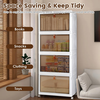 US Local 4Pc Foldable Storage Bins With Lid Front Magnetic Door Collapsible Stackable Closet Organizer Containers With 4Pcs 360 Degree Rotatable Wheels