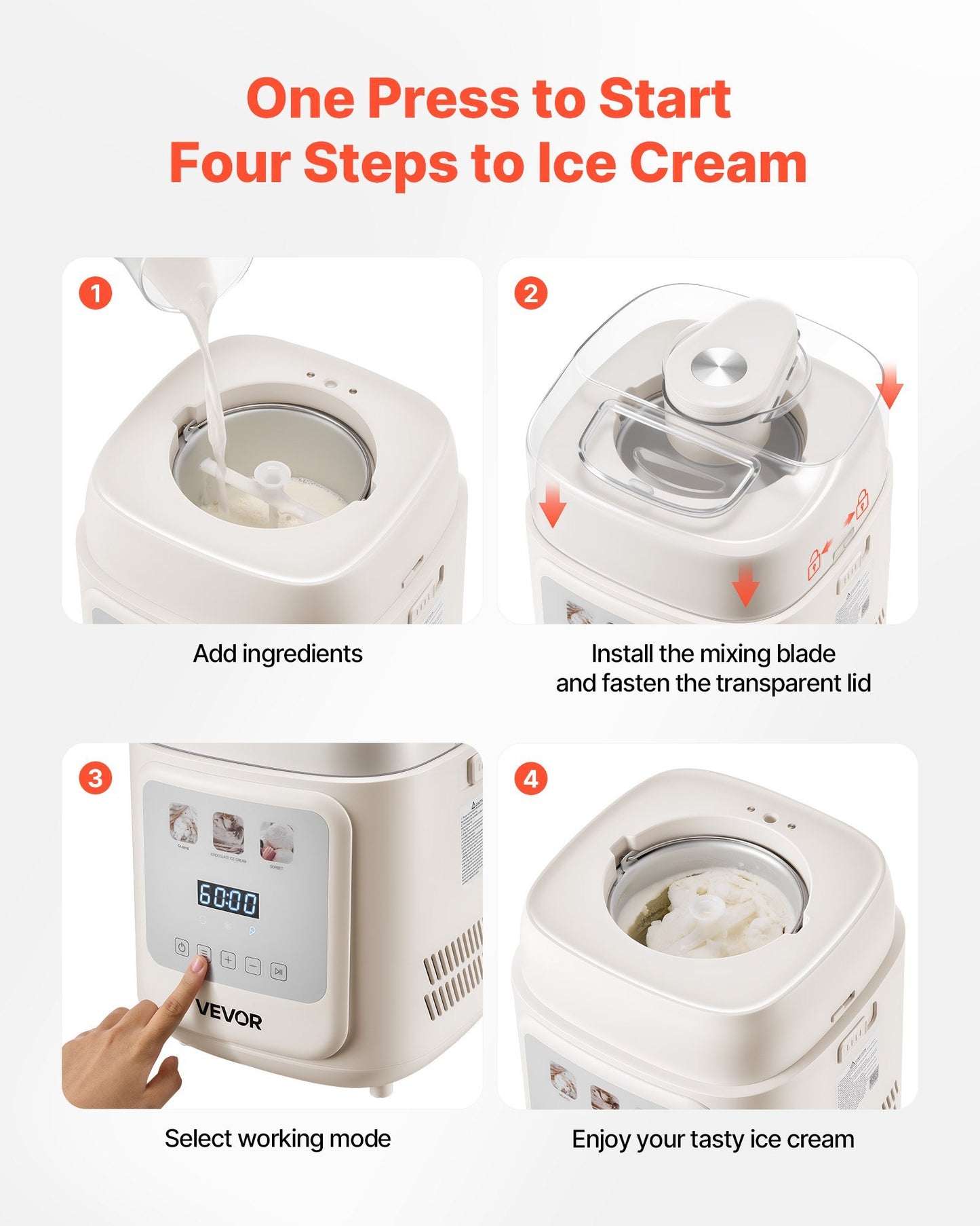 US Local 1 Quart Automatic Ice Cream Maker With Built-in Compressor No Pre-freezing
