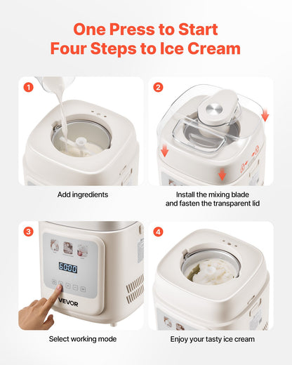 US Local 1 Quart Automatic Ice Cream Maker With Built-in Compressor No Pre-freezing