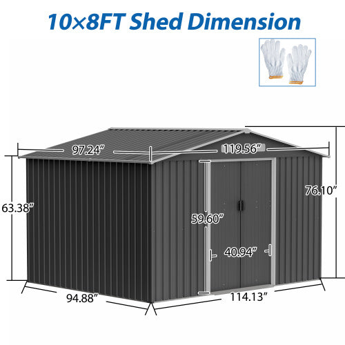 10X8 FT Outdoor Storage Shed, Metal Foundation & Lockable Doors, Tool Shed For Garden, Patio, Backyard, Lawn, Grey