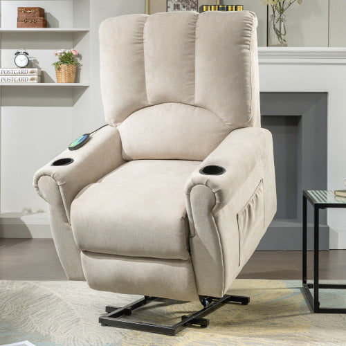 UK Local Power Lift Beige Geriatric Chair - Single Motor, Heated Massage, Standing Assist, Storage Bag, Cup Holder