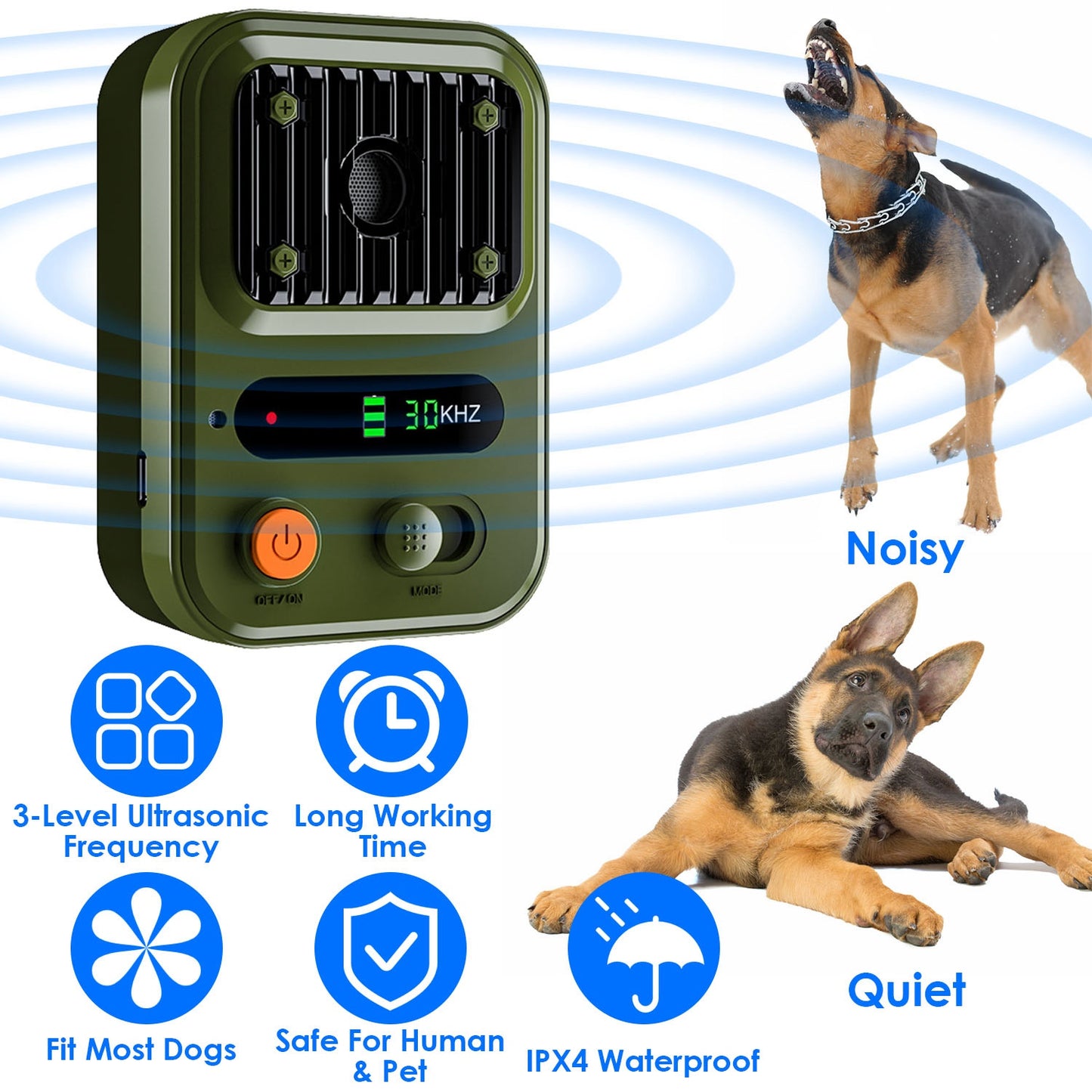 US Local Black-Green Color Options -- 1Pc Ultrasonic Anti-Barking Device Rechargeable Auto Dog Bark Control Deterrent Box Training Device IPX4 Waterproof With 3 Frequency Max 32.8Feet Sensing Distance For Most