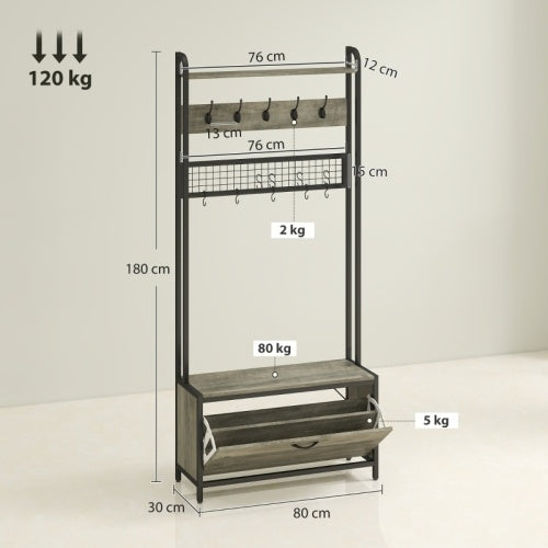 UK Local HOMCOM 5-In-1 Industrial-Style Hallway Tree - Grey Black