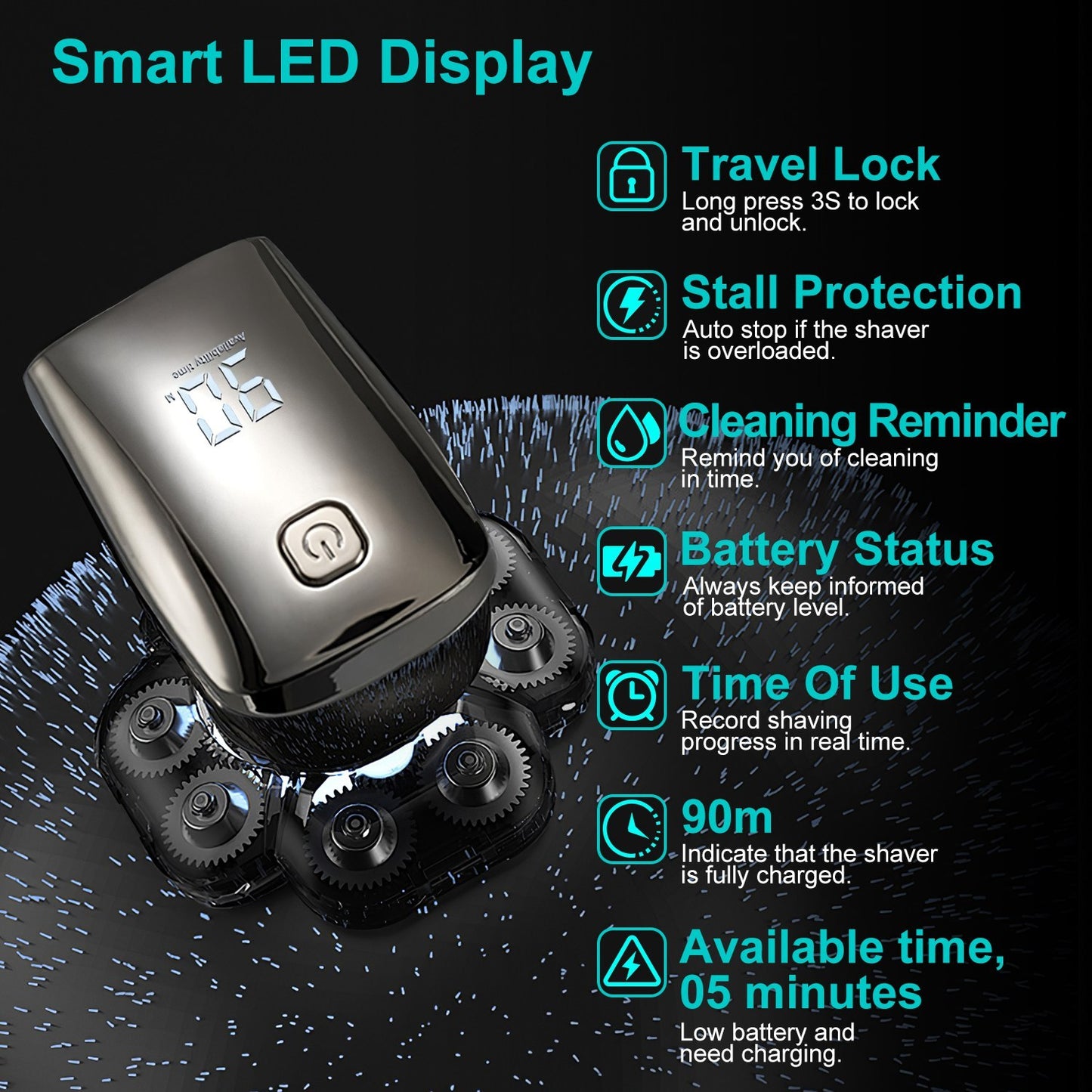 US Local 1Pc 6 In 1 9D Electric Head Shaver For Men Cordless Rechargeable Wet Dry Razor With LED Display Travel Lock Stall Protection Cleaning Reminder