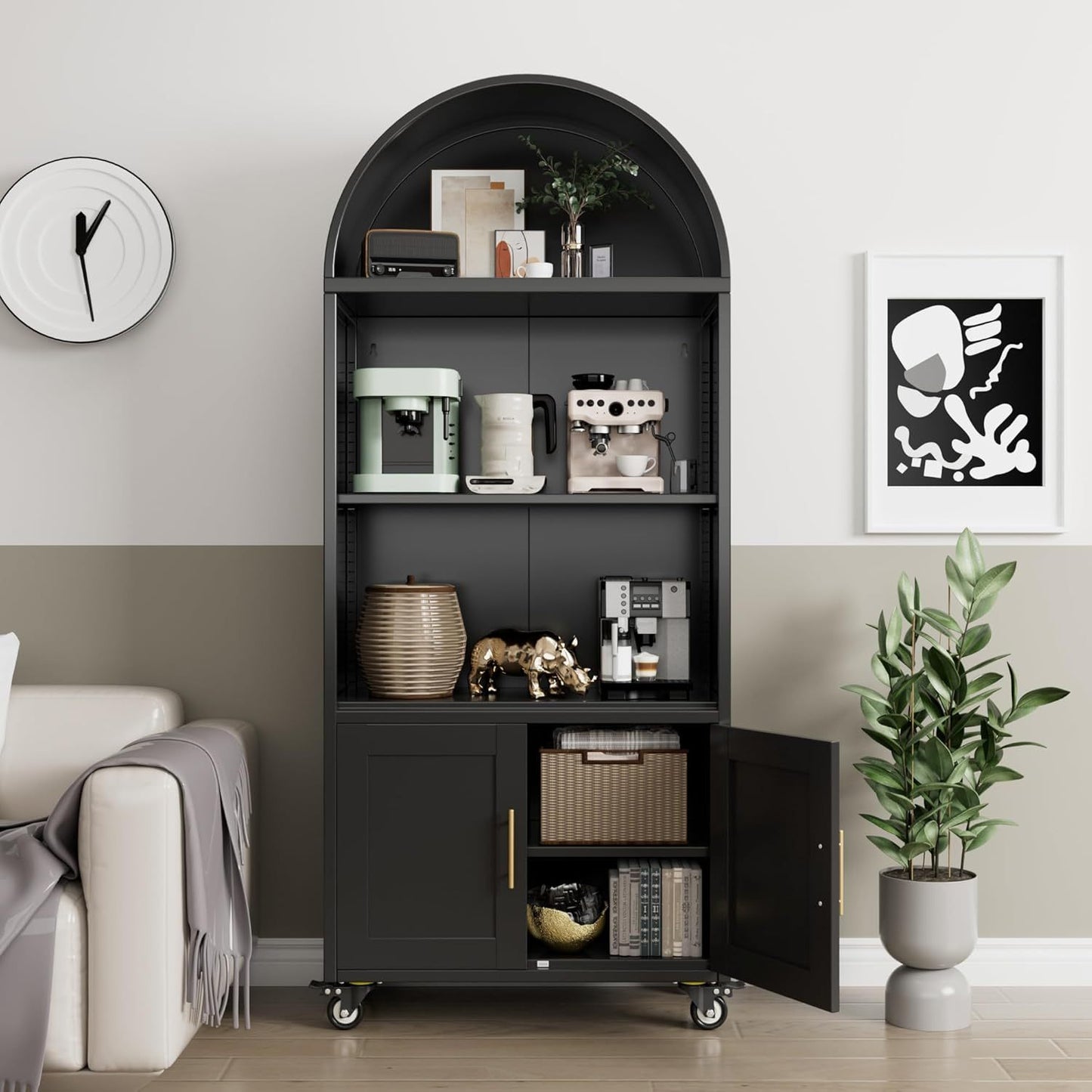 US Local Metal Arched Bookcase With Wheels, Modern Freestanding Black Arch Storage Cabinets For Home Office Bookshelf Living Room