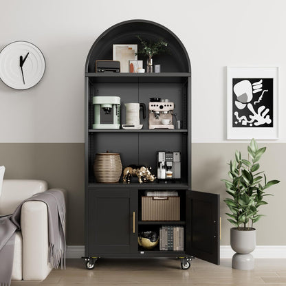 US Local Metal Arched Bookcase With Wheels, Modern Freestanding Black Arch Storage Cabinets For Home Office Bookshelf Living Room