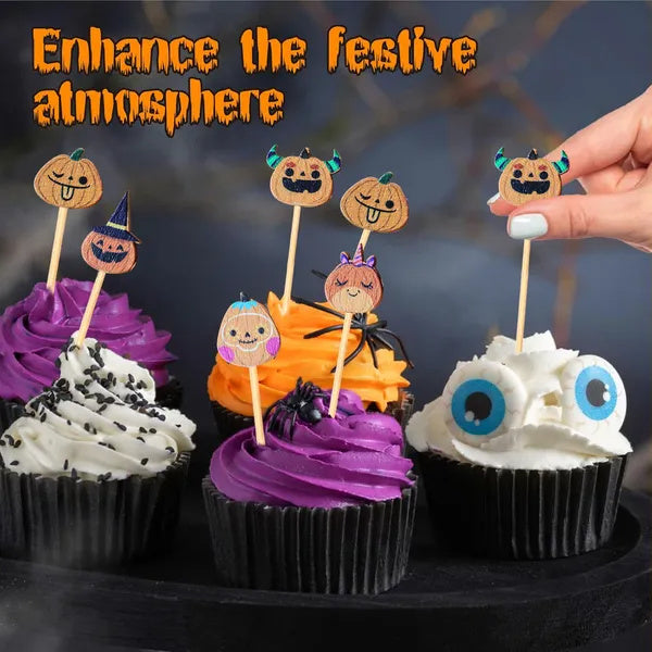 Halloween Pumpkin Cocktail Picks 5 Inch Bamboo Fancy Toothpicks For Appetizers, Decorative Fall Halloween Thanksgiving Party Food Drinks Garnish Fruit Skewer Sticks Multi-item Party Favor Pack
