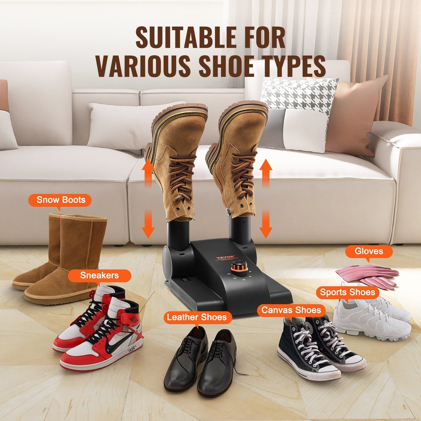 US Local VEVOR Foldable 2 Tube Shoe Dryer Boot Dryer With Heat Blower Black & Orange,Ultra Silent, Quick Drying For Work Boots, Ski Boots, Sneakers, Gloves, Hats, Helmets