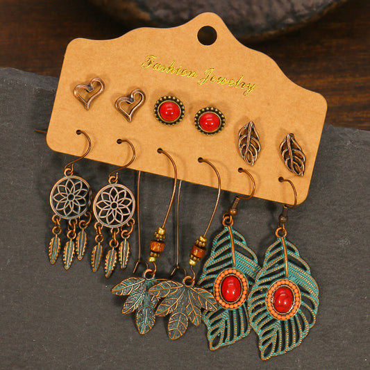 Slimming Cross-border Earrings Suit Combination Bohemian Ethnic Exquisite Water Drop Leaves Lovely Electroplated Beaded Earrings