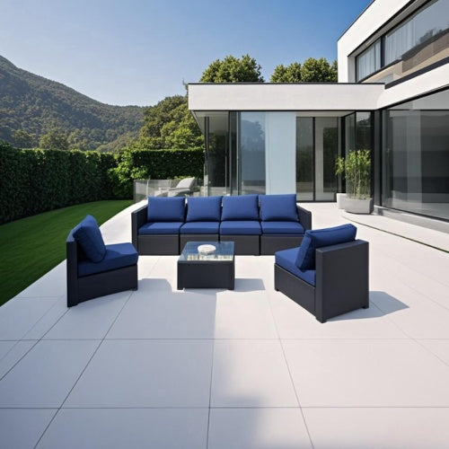 US Local Seven-Piece Sofa Set Table With Sofa Chair Black PE Rattan Outdoor Furniture 7-JH001 Box 3-1-2-3 With Blue Color Cushion