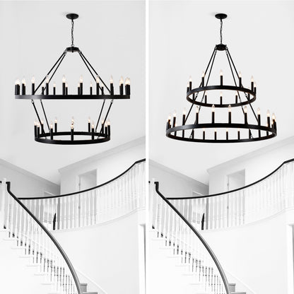 US Local 2 Tiers Wagon Wheel Chandelier Wooden Farmhouse 36-Light Black Metal Chandeliers 2-Story Light Fixtures Industrial For High Ceiling Living Dining Room Foyer. Adjustable Height