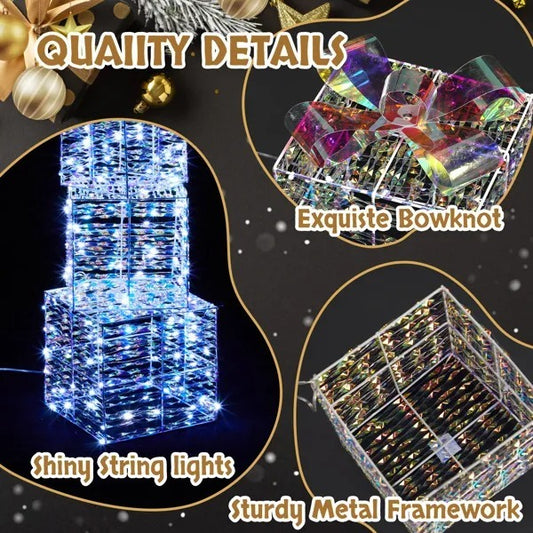 Lighted Iridescent Gift Boxes Set Of 3, Pre-lit Nestable Present Boxes Ornament With 140 LED Warm White Lights And Stakes For Christmas Outdoor Indoor Decor Lighted Holiday Displays
