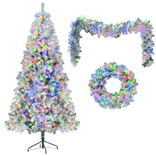 US Local 6FT Snow Flocked Christmas Tree, Pre-Lit Set With Tree & Garland & Wreath, Artificial Hinged Xmas Tree With Colorful LED Lights, 8 Lighting Modes, Pine Cones, Holiday For Home