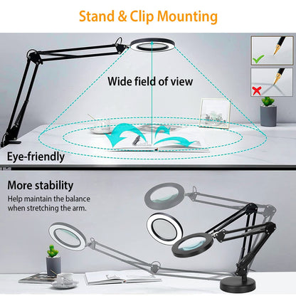 US Local 1Pack 2 In 1 LED Magnifier Desk Lamp 8x Magnifying Glass With Light Swing Arm Desk Table Light USB Reading Lamp With Clamp Stand 10 Brightness 3 Modes