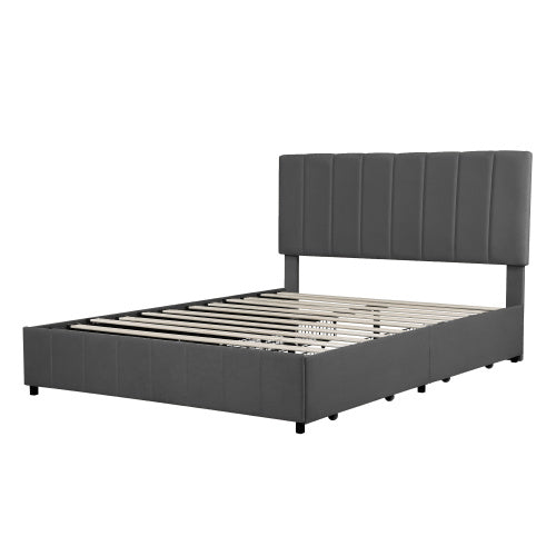 UK Local 4ft6 Double Upholstered Bed With 4 Storage Drawers, Velvet Platform Bed Frame With Adjustable Channel Tufted Headboard, Metal-Wood Support, No Box Spring Needed, Easy Assembly, Grey No Mattress