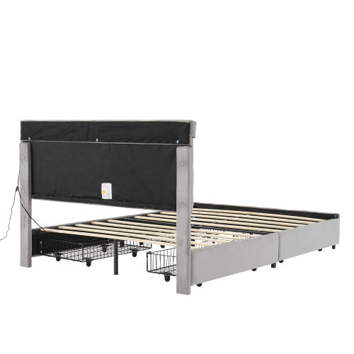 UK Local Upholstered Bed, 4ft6 Double Bed 135x190cm, Storage Bed, Soft Backrest, 4 Drawers With Pulleys, Light Strips Around The Bed, Metal Underbed Bracket, With Bed Slats, For Adults  Teenagers, Velvet,Grey