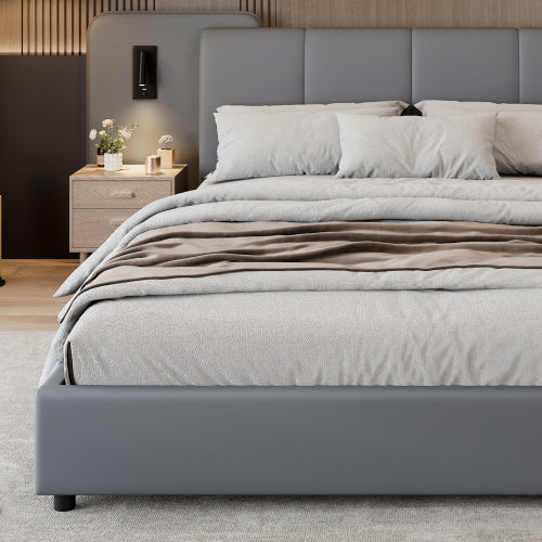 UK Local Upholstered Bed, With Charging Port And Lighting, 4ft6 Double Bed 135x190cm, Soft Sponge Headboard Backrest, Anti-collision Sponge Filling, PU  Plywood,