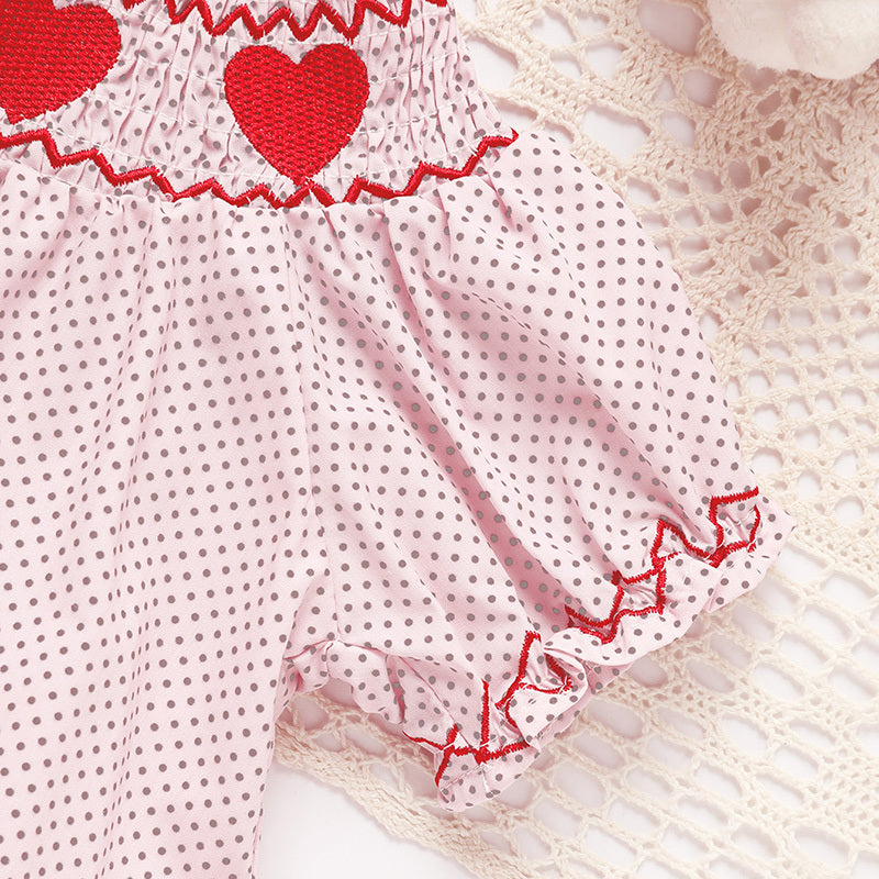 US Local Newborn Baby Girls' Valentine's Day Smocked Romper Short Sleeve Heart Embroidery Jumpsuit Casual Cute Romper