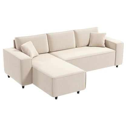 US Local Corner Sofa With Reversible Chaise Lounge, Corduroy L-Shaped Sectional Sofa With Pocket Spring, Cream White